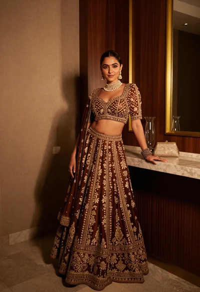 Poised woman in ornate lehenga choli against dark wood paneling interior