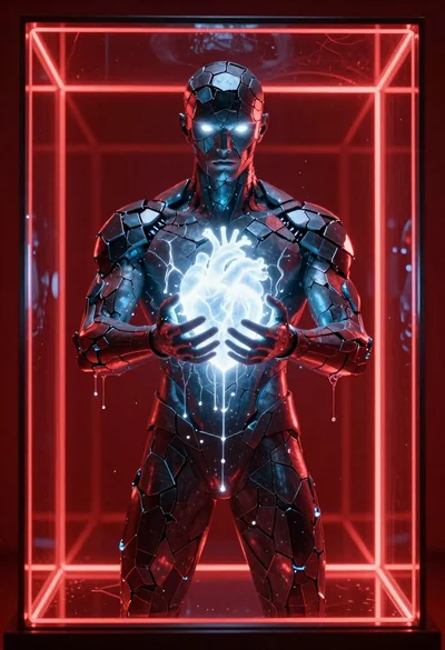 Obsidian humanoid in neon cube holding glowing heart