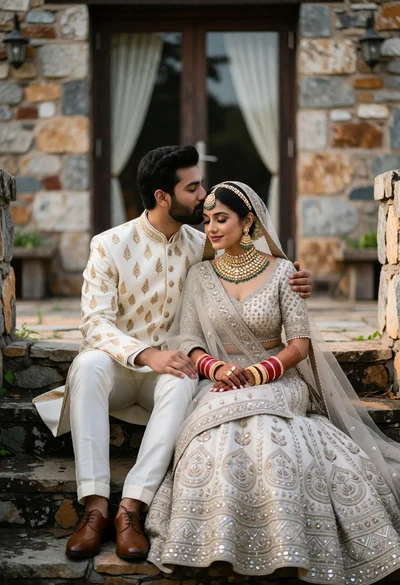 Couple in traditional indian wedding attire seated on weathered stone steps