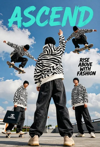 Four young men in zebra hoodies against blue sky graffiti art