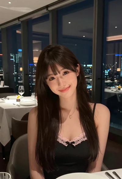 Young woman with dark hair smiling in upscale dimly lit restaurant setting