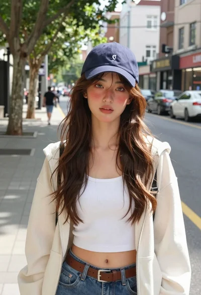 Young woman in casual wear stands on an urban sidewalk with trees