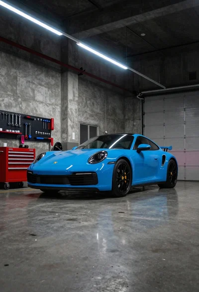 Blue sports car in industrial concrete garage setting