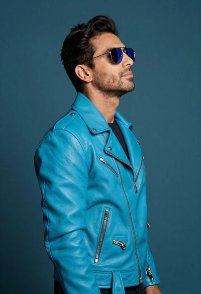 Profile portrait of man in turquoise biker jacket