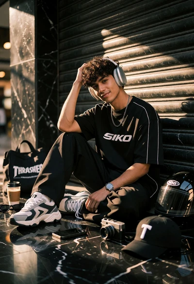 Young man sitting on marble floor near roller shutter door in alleyway