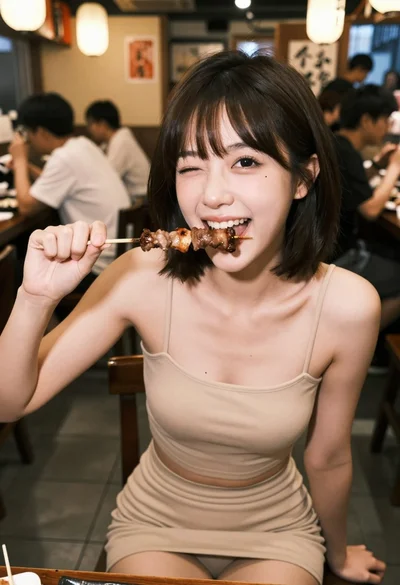 Young woman biting grilled meat skewer in dimly lit restaurant setting