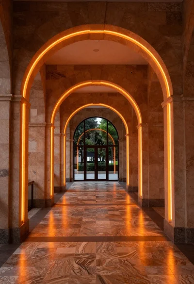 Architectural corridor with arched neon lighting and view