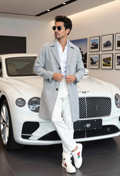 Stylish man leaning against white bentley in modern indoor showroom setting