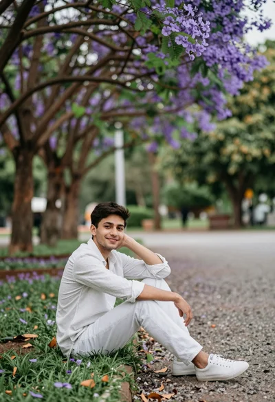 Young man sitting casually in lush park under purple flower archway