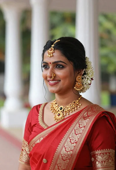 Close up portrait of smiling woman in red indian bridal attire