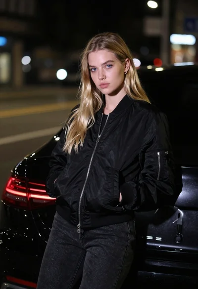 Young woman in black bomber jacket leaning against a black sedan at