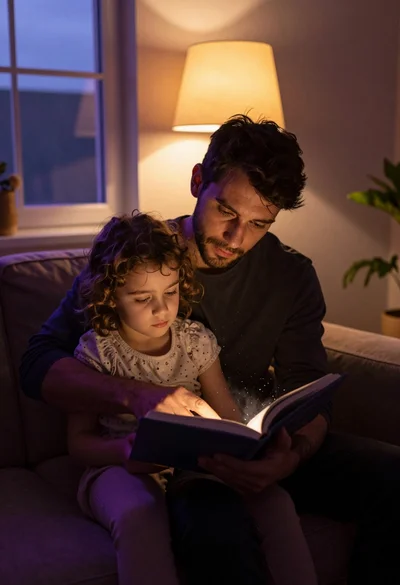 Man reading book to young girl on sofa in warmly lit cozy