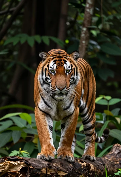 Majestic tiger midstride on a weathered log in a dense forest setting