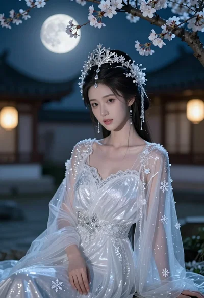 Young woman in white gown with silver crown under full moon