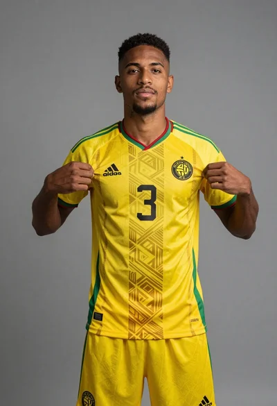 Young black man displaying yellow soccer jersey in professional studio setting