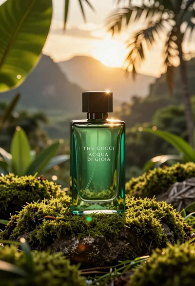 Emerald green perfume bottle on mossy rock in lush jungle setting