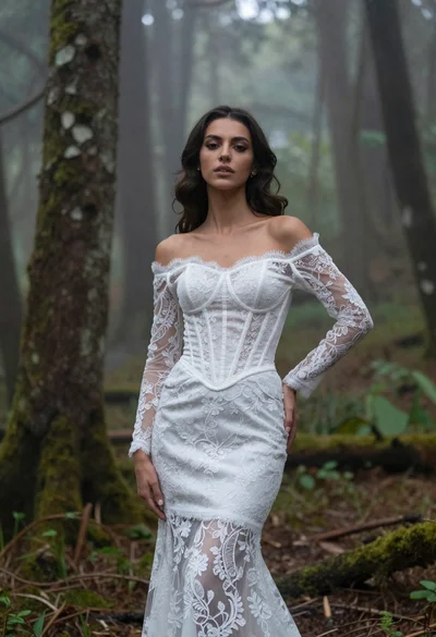 Woman in white lace gown standing in misty forest medium shot
