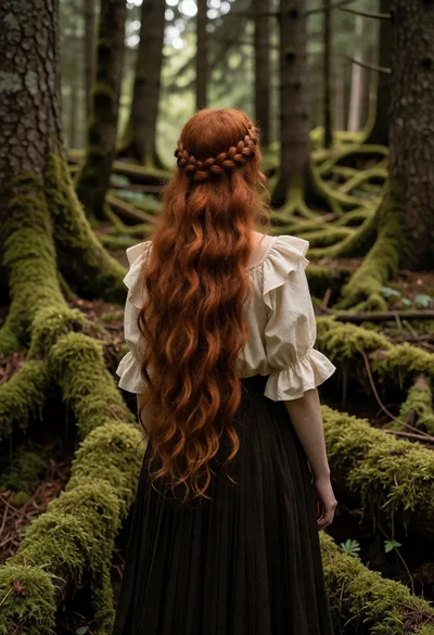 Woman with red hair standing in moss covered forest among large tree