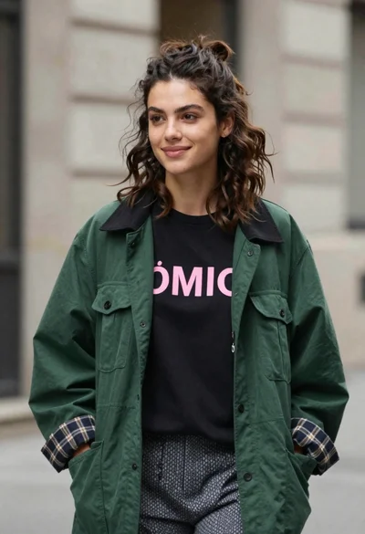 Young woman in black t shirt and green jacket on an urban