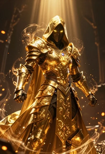 Mysterious armored warrior standing amidst swirling magical energy and embers