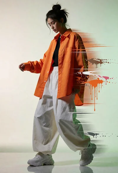 Full body studio shot of woman with orange shirt and white pants