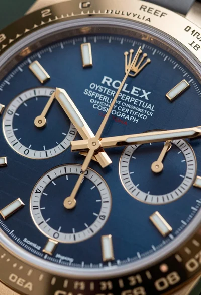 Extreme macro shot of luxury chronograph wristwatch dial with blue texture