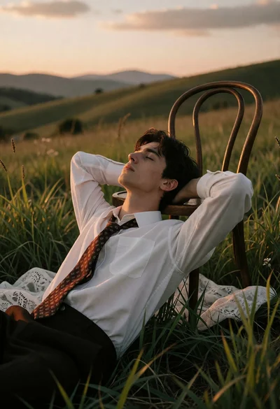 Young man resting on chair in grassy field during golden hour sunset