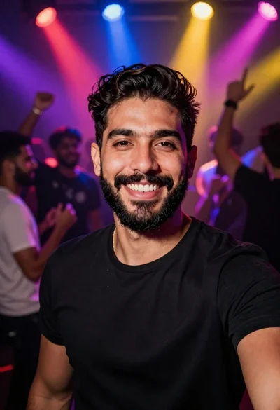Man taking a selfie at a vibrant nightclub