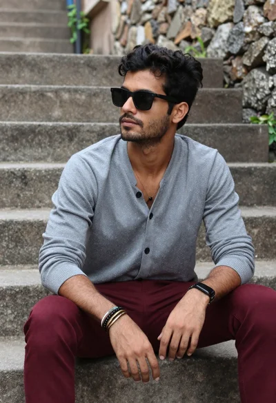 Man sitting on stone steps outdoors with cardigan
