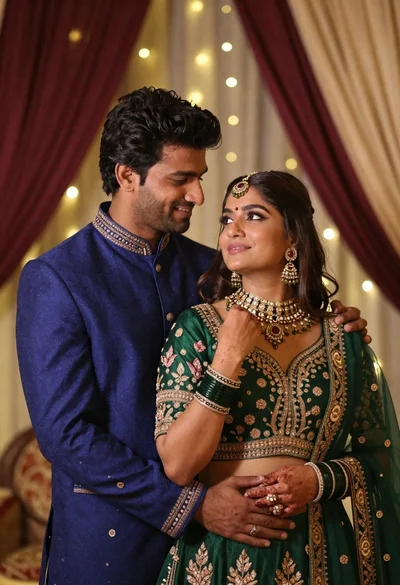 Indian couple in traditional wedding attire posing together in festive indoor setting