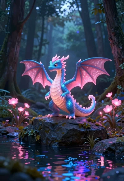 Glowing dragon on dark rock in a magical forest