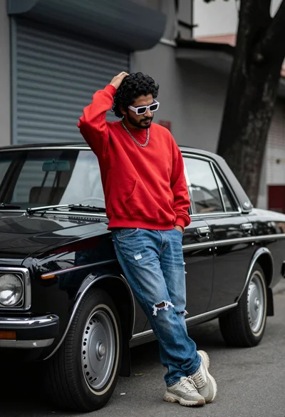 Man leaning against vintage black car in an urban alleyway setting