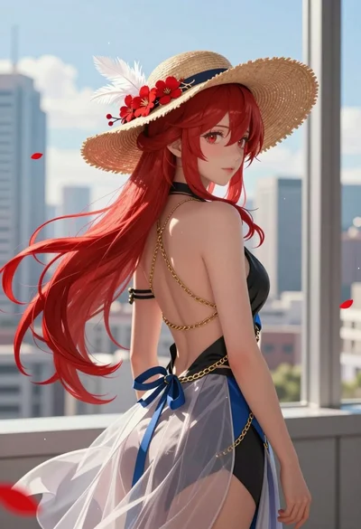 Anime woman with red hair in straw hat against modern city skyline