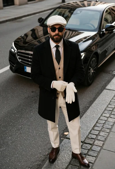 Man in overcoat and flat cap standing on city street next to
