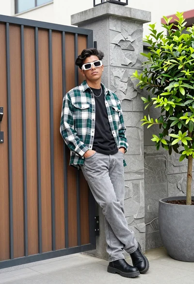Young man leaning against metal gate in modern outdoor setting