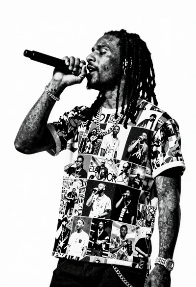 Black and white portrait of male rapper with dreadlocks singing into microphone