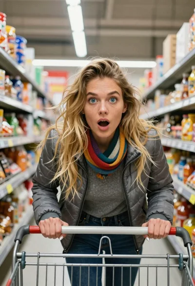 Woman surprised pushing cart in supermarket aisle