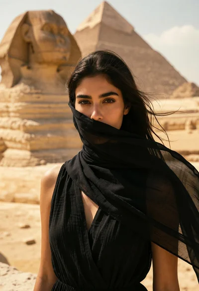 Woman in black scarf before great sphinx and pyramid under bright sky