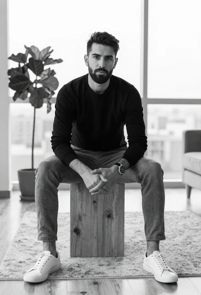 Black and white portrait of man sitting in modern living room