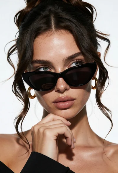 Close up portrait of woman with dark brown hair wearing cat eye