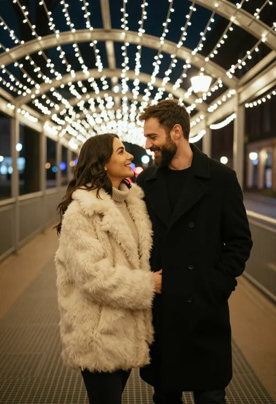 Romantic portrait of smiling couple under warm fairy lights at night