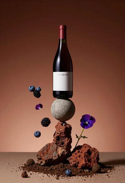 Wine bottle balanced on earth and stone still life
