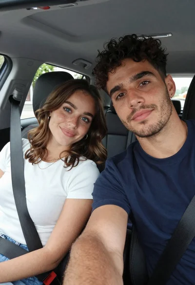 Young couple taking a close up selfie inside a car