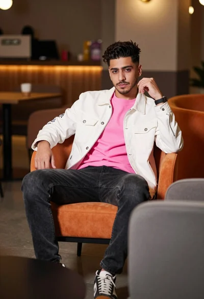 Young man sitting confidently in modern lounge setting with orange chair