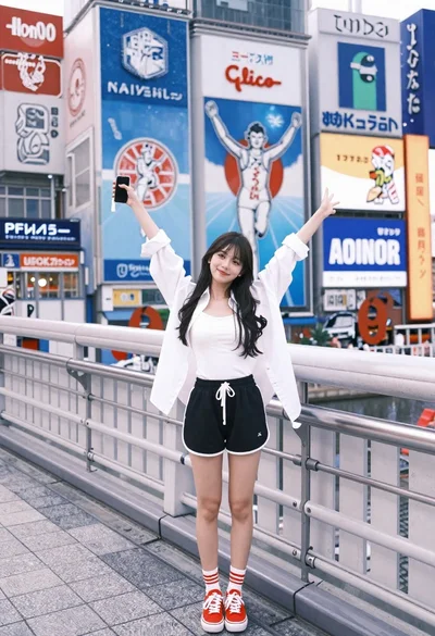 Young woman in white shirt and red sneakers celebrating on urban bridge