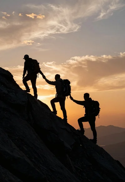 Three hikers silhouetted climbing steep rocky mountain ridge at sunset