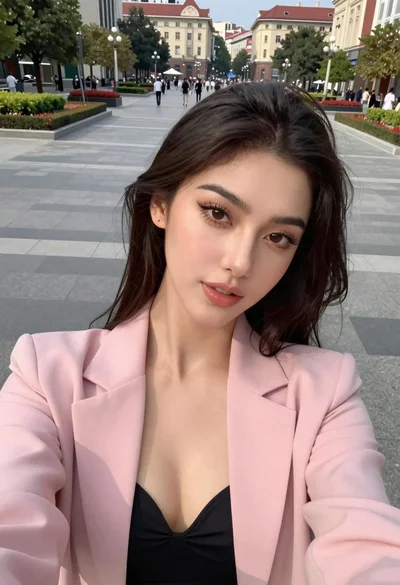 High angle selfie of woman in pink blazer in urban plaza