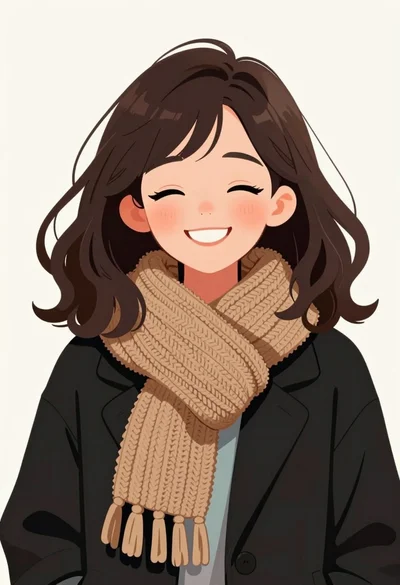 Cheerful portrait of young woman with dark wavy hair against plain background
