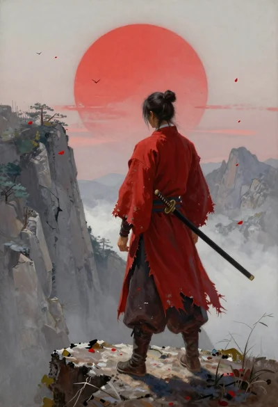 Warrior in red robes on a rocky cliff edge