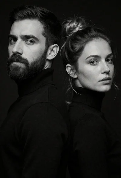 High contrast black and white portrait of man and woman back to